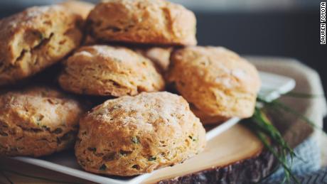 Hot for Food&#39;s cheesy chive biscuits are as flaky as their non-vegan counterparts.