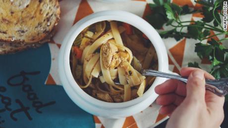 Hot for Food&#39;s vegan chicken noodle soup is reminiscent of a longtime family favorite. 