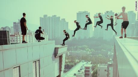 Members of Storror participate in a high-rise jump. 