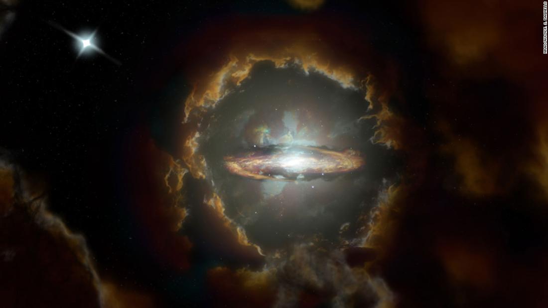This is an artist&#39;s impression of the Wolfe Disk, a massive rotating disk galaxy in the early universe. 