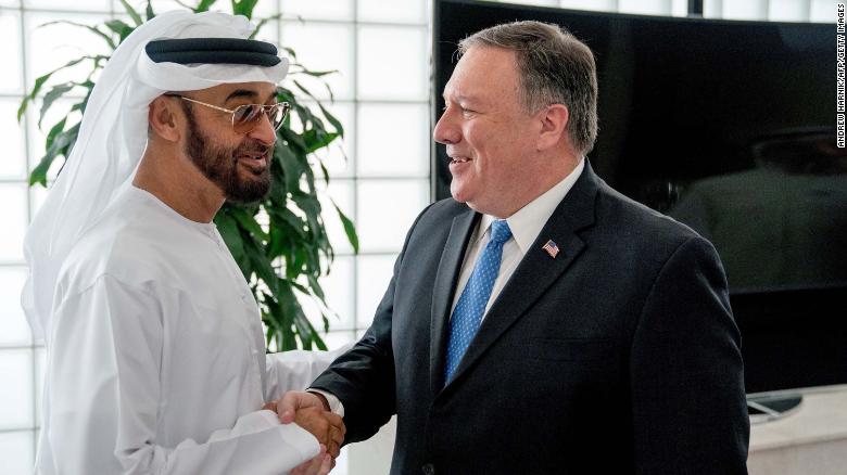 Mike Pompeo (R) pictured with the UAE&#39;s Crown Prince Mohammed bin Zayed in 2018. 