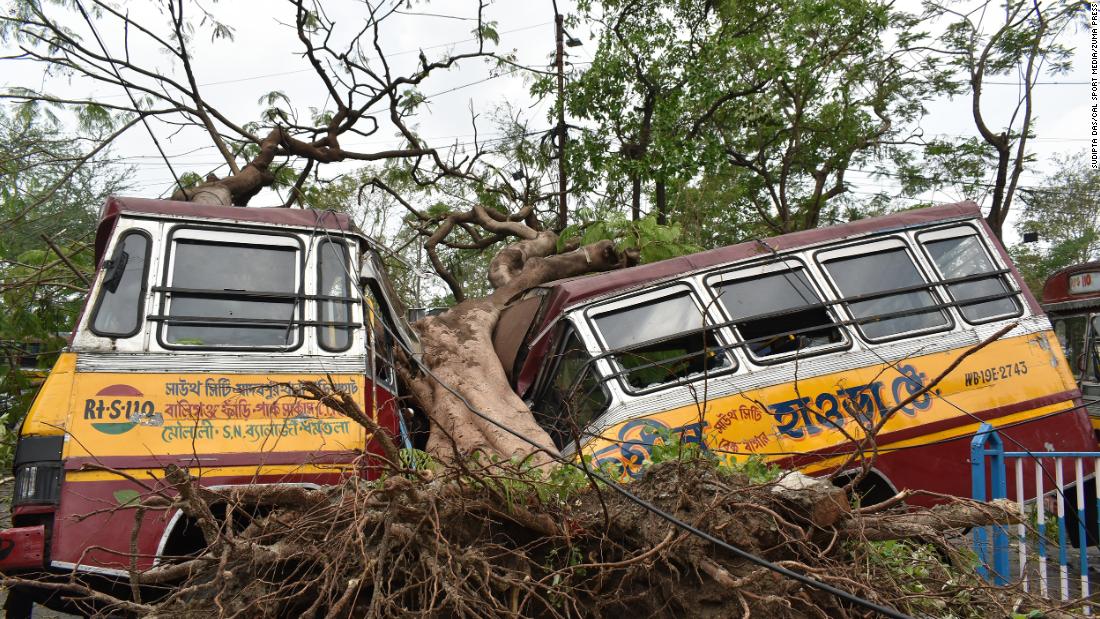 A bus is crushed by a tree in Kolkata, India, on May 22.