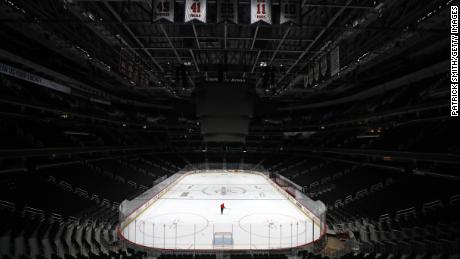 Sam Hess, Operations with Monumental Sports &amp; Entertainment, skates alone prior Detroit Red Wings playing against the Washington Capitals at Capital One Arena on March 12 in Washington.