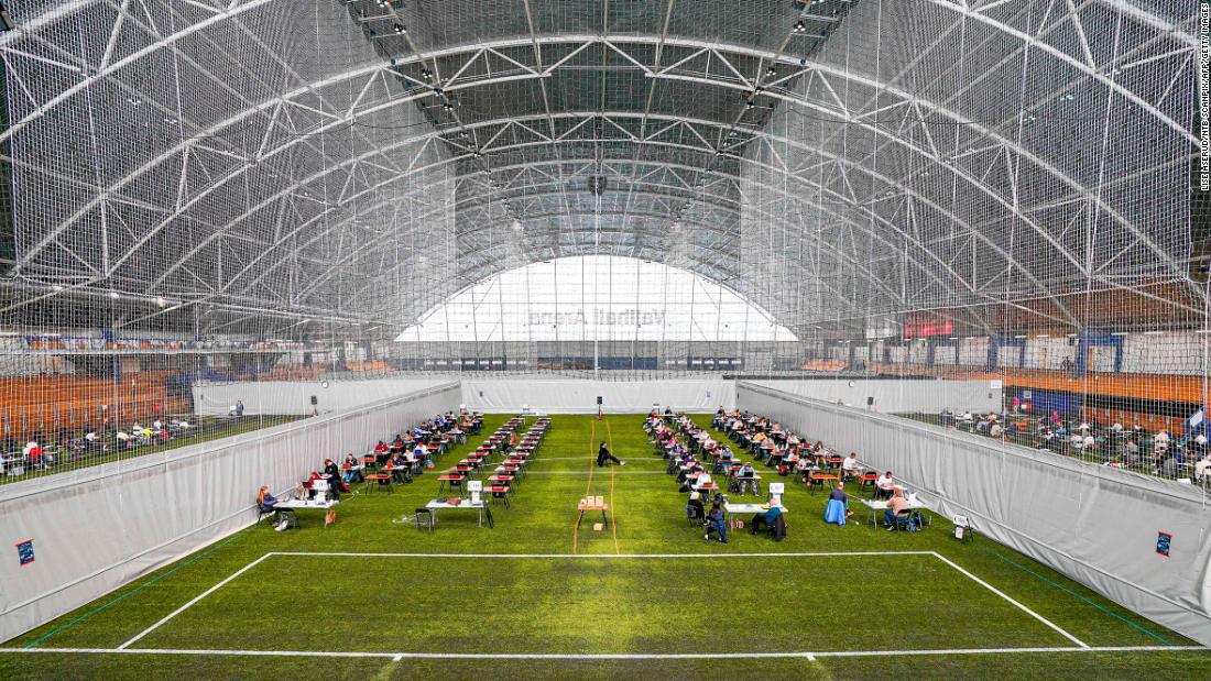 Students take their spring exams at the Vallhall Sports Arena in Oslo, Norway, on May 26, 2020.