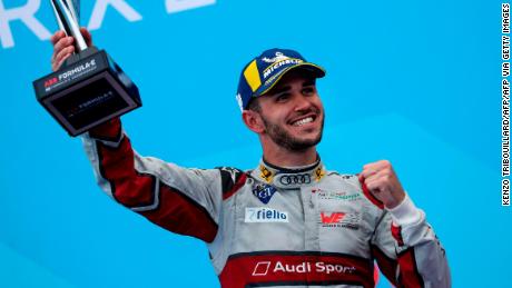 Abt celebrates third place after ePrix in Paris, France in 2019.