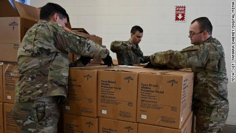 Members of the Connecticut Army National Guard distribute Personal Protective Equipment (PPE), April 2, 2020, New Britain, Connecticut. 