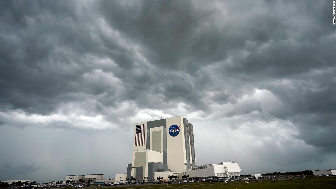 Storm clouds pass over NASA&#39;s Vehicle Assembly Building at Kennedy Space Center.