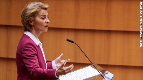 European Commission President Ursula von der Leyen speaks during a plenary session of the European Parliament in Brussels on May 27.