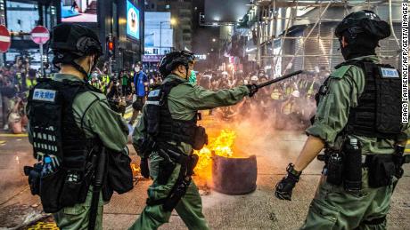 Police respond to a pro-democracy protest in Hong Kong on May 27.