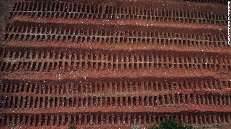 An aerial view shows dug graves at the Vila Formosa Cemetery on the outskirts of Sao Paulo, Brazil on May 22.