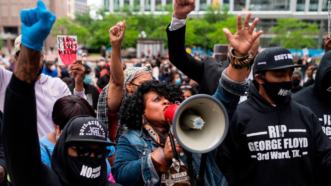 Jamela J. Pettiford sings during a protest outside the Hennepin County Government Center in Minneapolis on May 29.