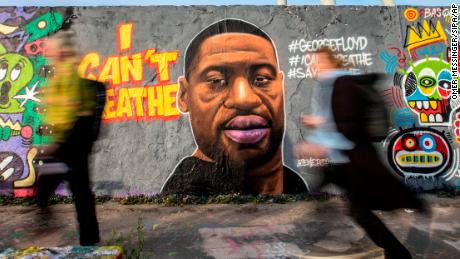 A mural of George Floyd painted by the artist Eme Freethinker on a wall at Mauerpark in Berlin on May 30.