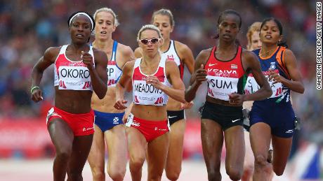 Okoro, Jenny Meadows of England and Eunice Jepkoech Sum of Kenya compete in the Women&#39;s 800m semifinal at Hampden Park during day eight of the Glasgow 2014 Commonwealth Games on July 31, 2014 in Glasgow.