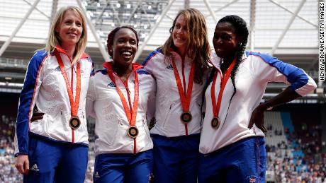 GB&#39;s women&#39;s 4x400m relay team celebrate receiving their reallocated bronze medals, from the 2008 Beijing Olympic Games during Day One of the Muller Anniversary Games at the London Stadium on July 21, 2018 in London, England.