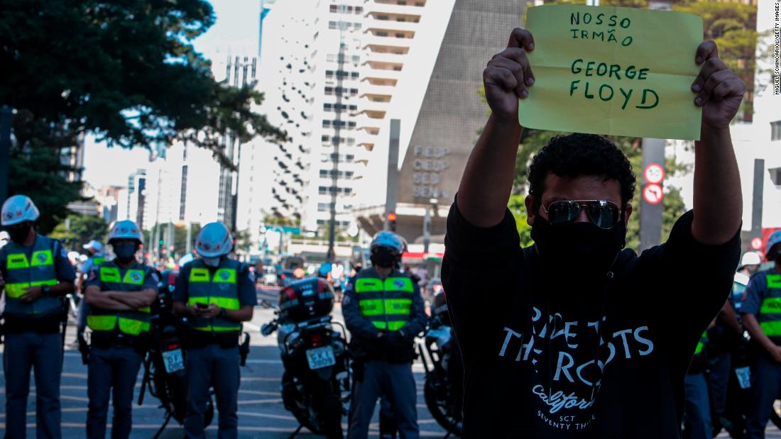 An activist at a rally against Jair Bolsonaro in Sao Paulo.