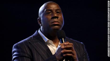 CHICAGO, ILLINOIS - FEBRUARY 16: Magic Johnson speaks to the crowd before the 69th NBA All-Star Game at the United Center on February 16, 2020 in Chicago, Illinois. NOTE TO USER: User expressly acknowledges and agrees that, by downloading and or using this photograph, User is consenting to the terms and conditions of the Getty Images License Agreement. (Photo by Jonathan Daniel/Getty Images)