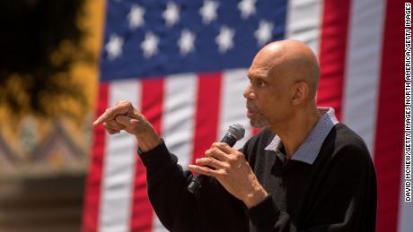 Abdul-Jabbar speaks at the South Los Angeles Get Out The Vote Rally for Democratic presidential candidate Hillary Clinton.