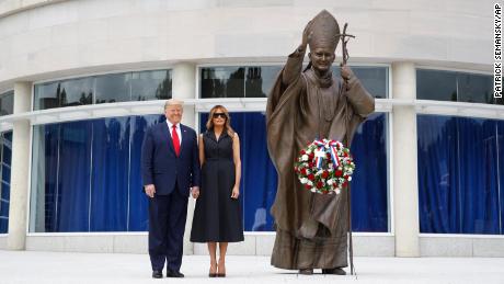 President Trump and first lady Melania Trump visit Saint John Paul II National Shrine onTuesday in Washington.