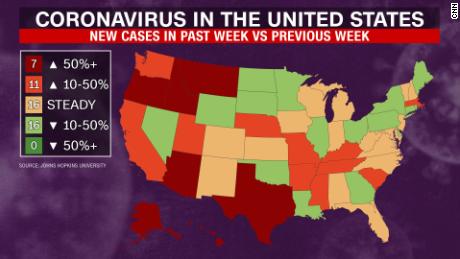 The map shows each state's change between the 7-day average of new cases in the past week v. the previous week.