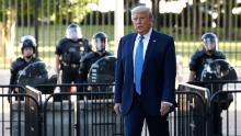 President Donald Trump walks in Lafayette Park to visit outside St. John's Church across from the White House Monday, June 1, 2020, in Washington. Part of the church was set on fire during protests on Sunday night. 