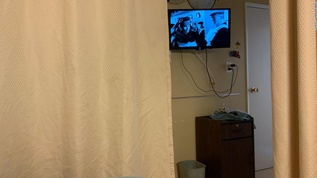 Mayberry, a film buff, shared this photo watching TV from her bed in her California nursing home.