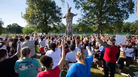A peaceful protest in Paducah, Kentucky on Monday in front of the city&#39;s Chief Paduke statue.
