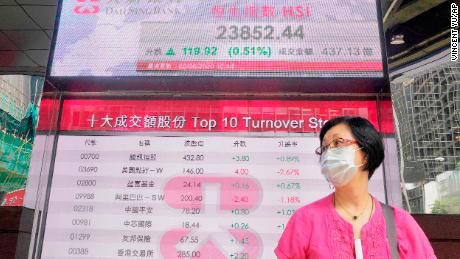 A woman wearing a face mask walks past a bank electronic board showing the Hong Kong share index at Hong Kong Stock Exchange on Tuesday.