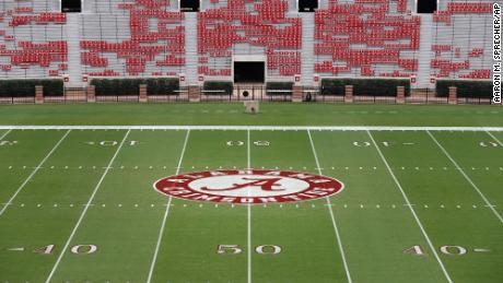 A general view of Bryant-Denny Stadium and the University of Alabama Crimson Tide logo in Tuscaloosa, Ala.