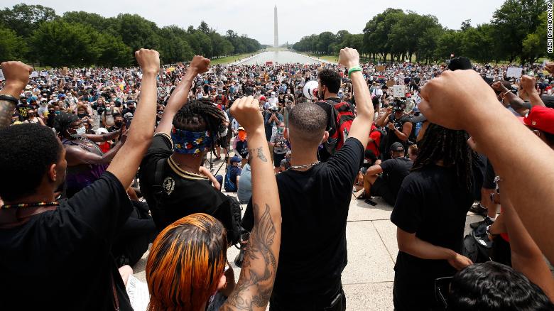 Demonstrators protest at the Lincoln Memorial in Washington on Saturday, June 6.