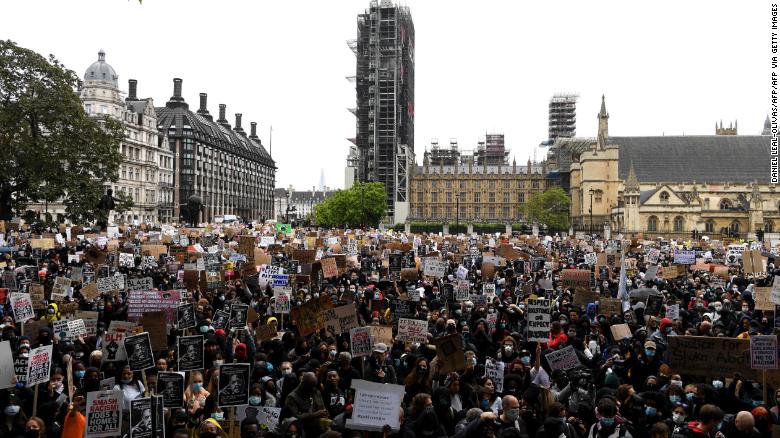 Protesters outside Parliament in London on Saturday.