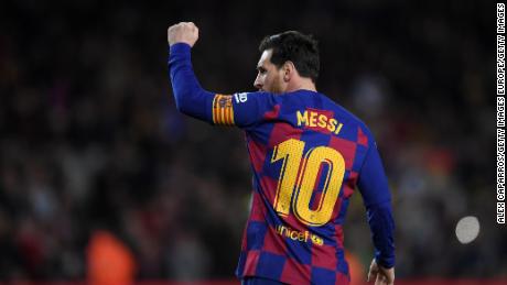 BARCELONA, SPAIN - MARCH 07: Lionel Messi of FC Barcelona celebrates after scoring his team&#39;s first goal  during the La Liga match between FC Barcelona and Real Sociedad at Camp Nou on March 07, 2020 in Barcelona, Spain. (Photo by Alex Caparros/Getty Images)