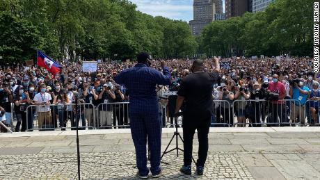 Reverend Kevin McCall addressing the crowd at George Floyd's Memorial Prayer Service at Cadman plaza on Thursday.