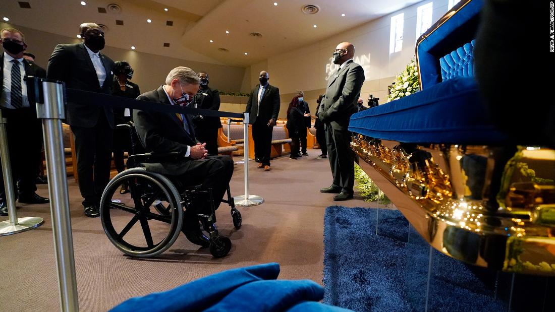 Texas Gov. Greg Abbott pays his respects at Floyd&#39;s casket. &quot;Today is a sad day. Ever since his death has been a sad day,&quot; &lt;a href=&quot;https://www.cnn.com/us/live-news/george-floyd-memorial-service-protests/h_f4a90ff56bef88c8dd35197d45c783bc&quot; target=&quot;_blank&quot;&gt;Abbott told reporters outside the church.&lt;/a&gt; &quot;This is the most horrific tragedy I have ever personally observed. But George Floyd is going to change the arc of the future of the United States. George Floyd has not died in vain. His life will be a living legacy about the way that America and Texas respond to this tragedy.&quot;