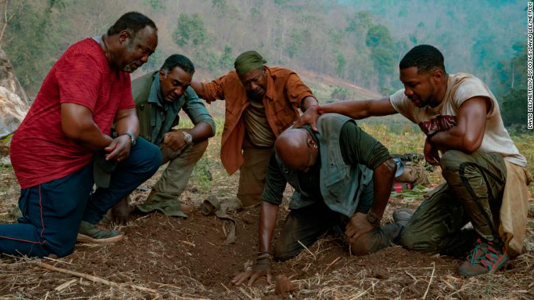 Isiah Whitlock Jr. Norm Lewis, Clarke Peters, Delroy Lindo and Jonathan Majors in Spike Lee's Da 5 Bloods. (David Lee/Netflix © 2020)