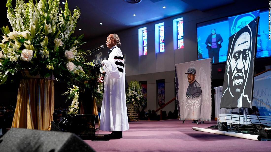 The Rev. Al Sharpton delivers a eulogy on Tuesday. &quot;Your family&#39;s going to miss you, George, but your nation is going to always remember your name,&quot; &lt;a href=&quot;https://www.cnn.com/us/live-news/black-lives-matter-protests-george-floyd-06-09-2020/h_5fe7953e2cafd5ef4957a3ed55882b02&quot; target=&quot;_blank&quot;&gt;Sharpton said.&lt;/a&gt; &quot;Because your neck was one that represented all of us.&quot;