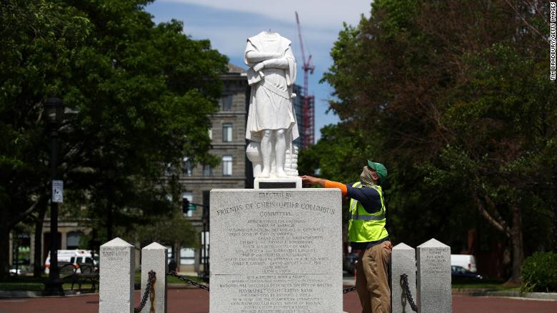 The beheaded statue of of Christopher Columbus in Boston.