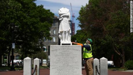 The beheaded statue of of Christopher Columbus in Boston.