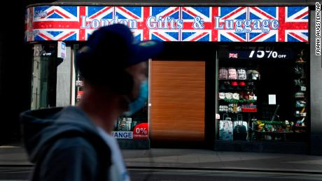 A closed souvenir shop on Oxford Street in London.