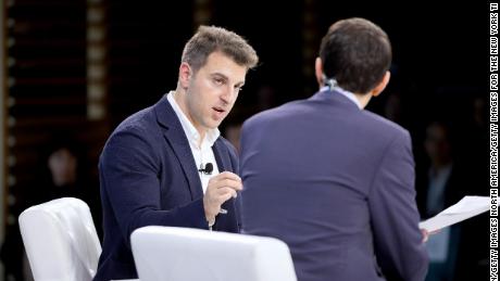 NEW YORK, NEW YORK - NOVEMBER 06: Andrew Ross Sorkin, Editor at Large, Columnist and Founder, DealBook, The New York Times speaks with Brian Chesky, Co-Founder, Head of Community and C.E.O., Airbnb onstage at 2019 New York Times Dealbook on November 06, 2019 in New York City. (Photo by Mike Cohen/Getty Images for The New York Times)