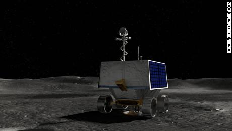 An illustration of NASA&#39;s Volatiles Investigating Polar Exploration Rover (VIPER) on the surface of the Moon.