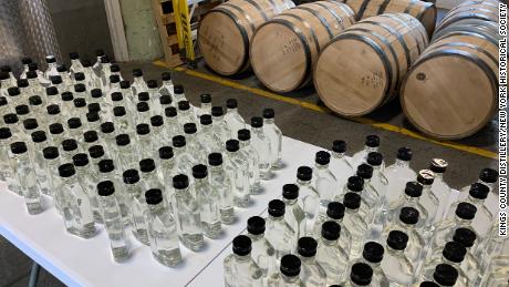 Rows of hand sanitizers produced during lockdown by a Brooklyn distillery which normally makes whiskey in New York City