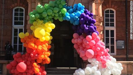  A rainbow balloon display at the entrance of the National Hospital for Neurology and Neurosurgery during lockdown in Central London