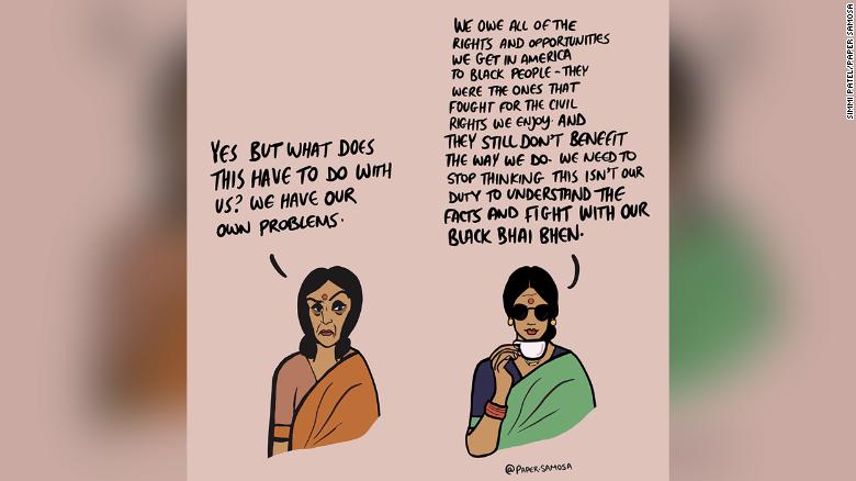 A cartoon with two women in saris discussing why Black Lives Matter is important to the Asian community.