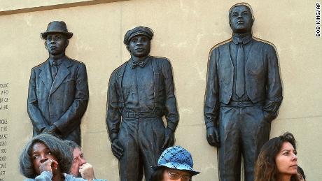 The bronze figures of Elias Clayton, Elmer Jackson and Isaac McGhie, three black circus workers who were lynched the night of June 15, 1920. 