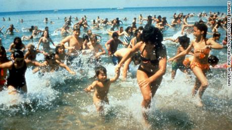 Crowds run out of the water in a scene from the film &#39;Jaws&#39;, 1975. (Photo by Universal/Getty Images)