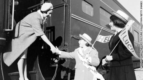 Lady Bird Johnson shaking hands with a young supporter during the whistle-stop tour of the South, October 1964.