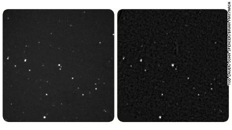 The New Horizons image of star Wolf 359 is on the left. If you have a stereo viewer, you can use it on this image. If not, look at the center of the image and let your focus shift to see the combined third image. 