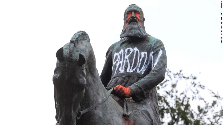 A vandalized statue of King Leopold II in Brussels on Wednesday.