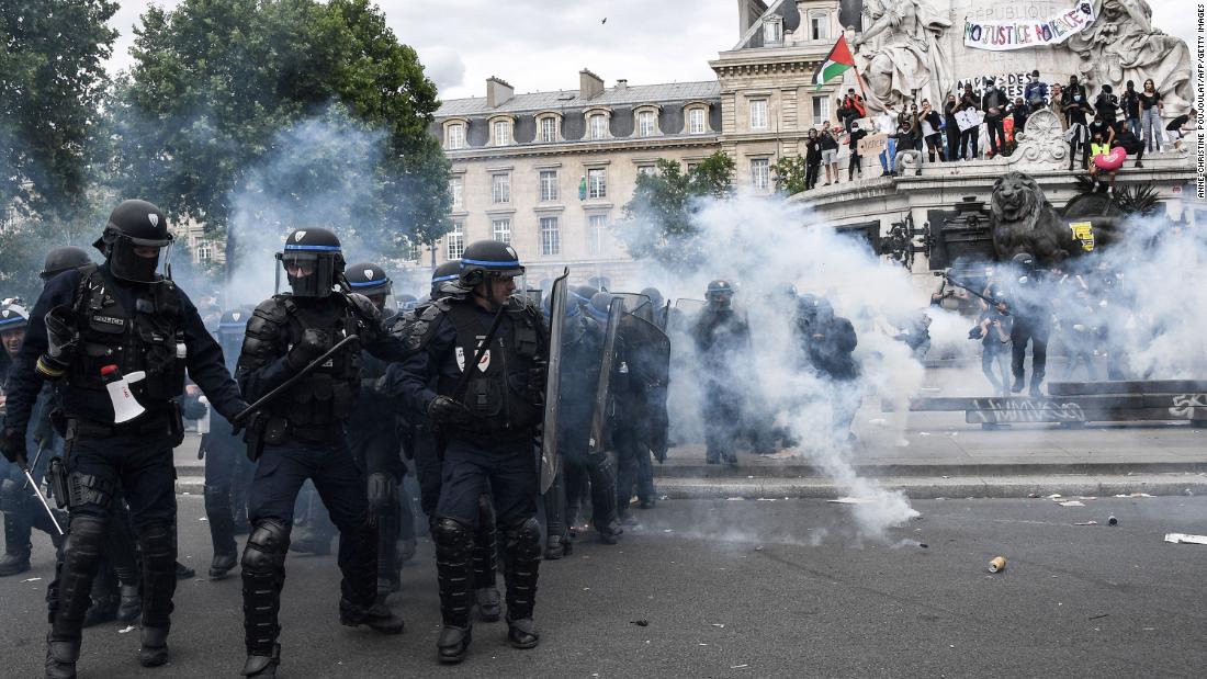 French police clash with protesters during a Black Lives Matter protest in Paris on Saturday, June 13.