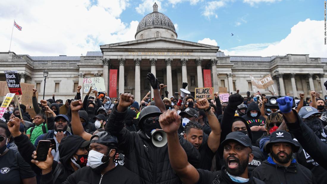 Black Lives Matter supporters gather in Trafalgar Square in central London on June 13.